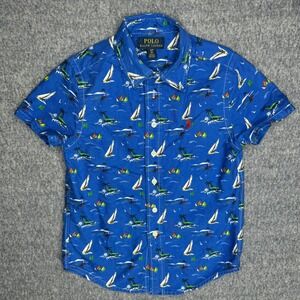 Polo Ralph Lauren Kids‎ Blue Sailboat Tropical Print Button Down Size Small